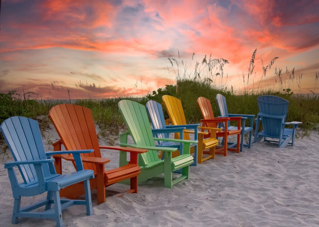 Boca Grande restaurants: adirondack chairs in the sand at South Beach Bar & Grille
