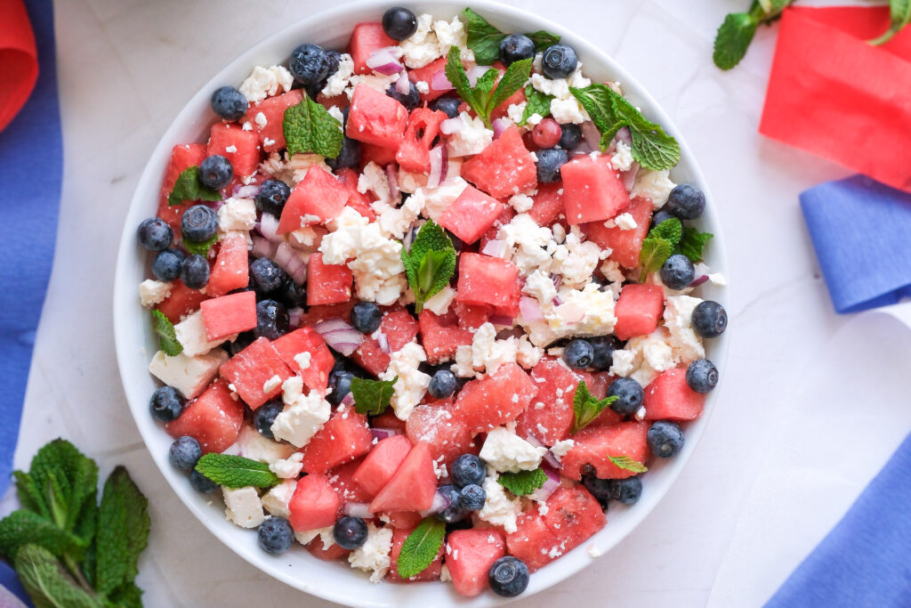Watermelon and Feta Salad seen from above in a white dish.